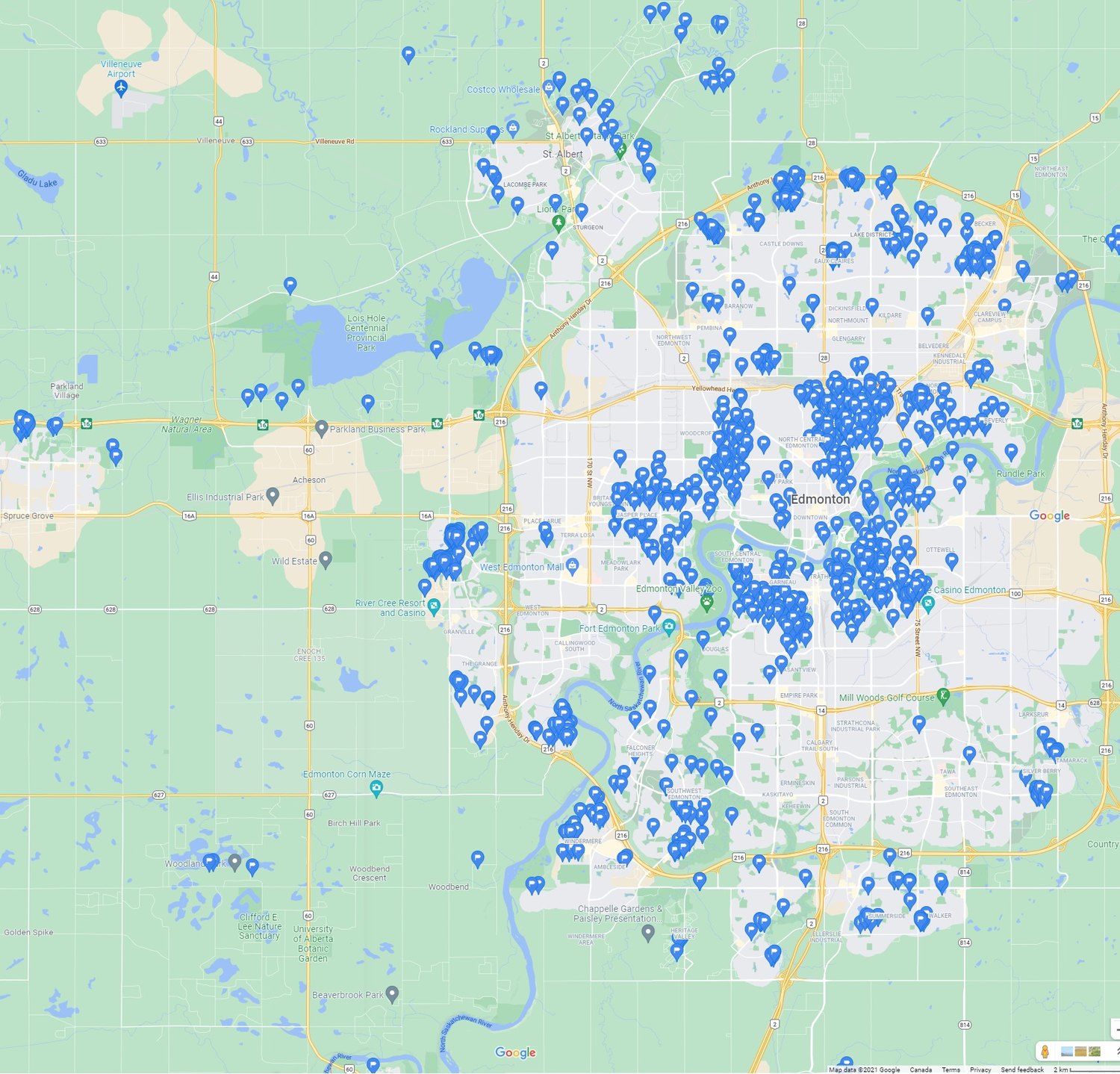 Map of Euro Design home projects across Edmonton and St. Albert